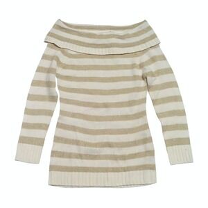 Bongo Large L Off Shoulder Sweater Top Gold Striped Knit Tunic Long Sleeve NEW